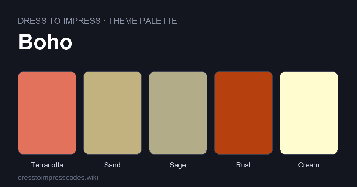 Boho DTI theme colour palette — outfit colours: Terracotta, Sand, Sage, Rust, Cream