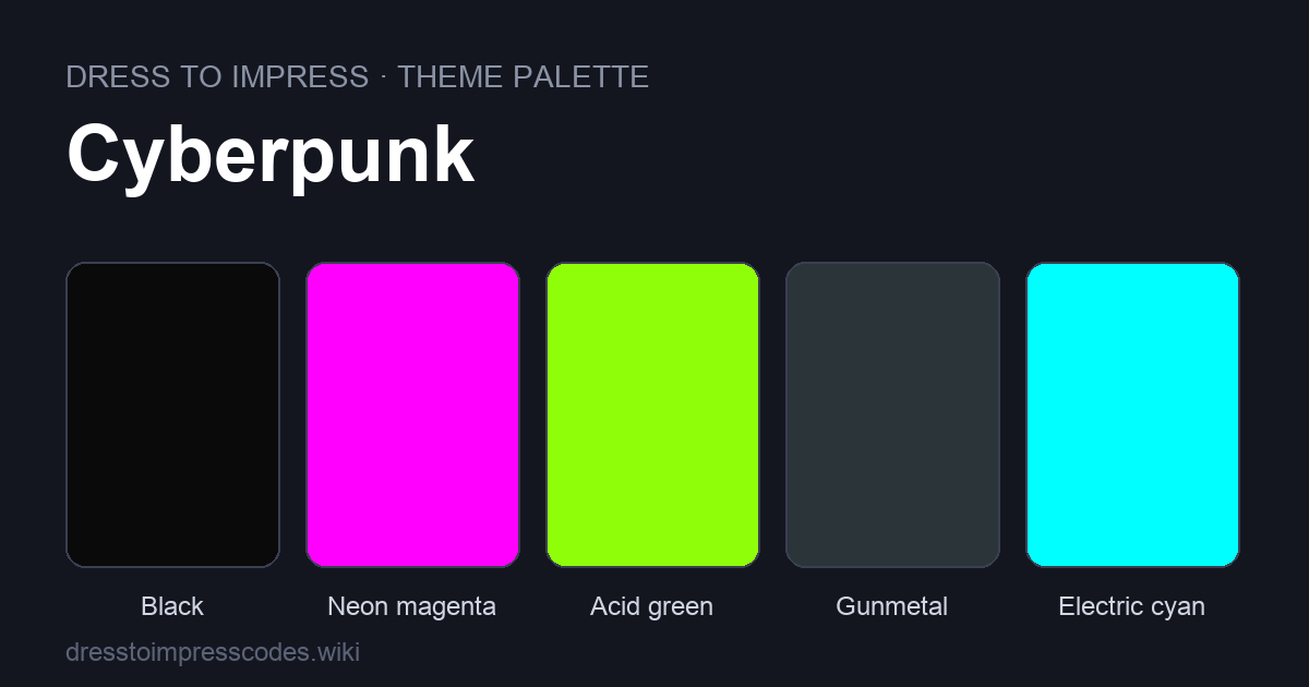 Cyberpunk DTI theme colour palette — outfit colours: Black, Neon magenta, Acid green, Gunmetal, Electric cyan