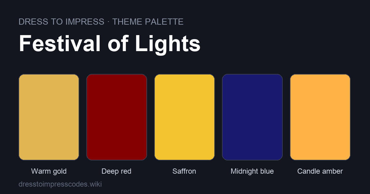 Festival of Lights DTI theme colour palette — outfit colours: Warm gold, Deep red, Saffron, Midnight blue, Candle amber