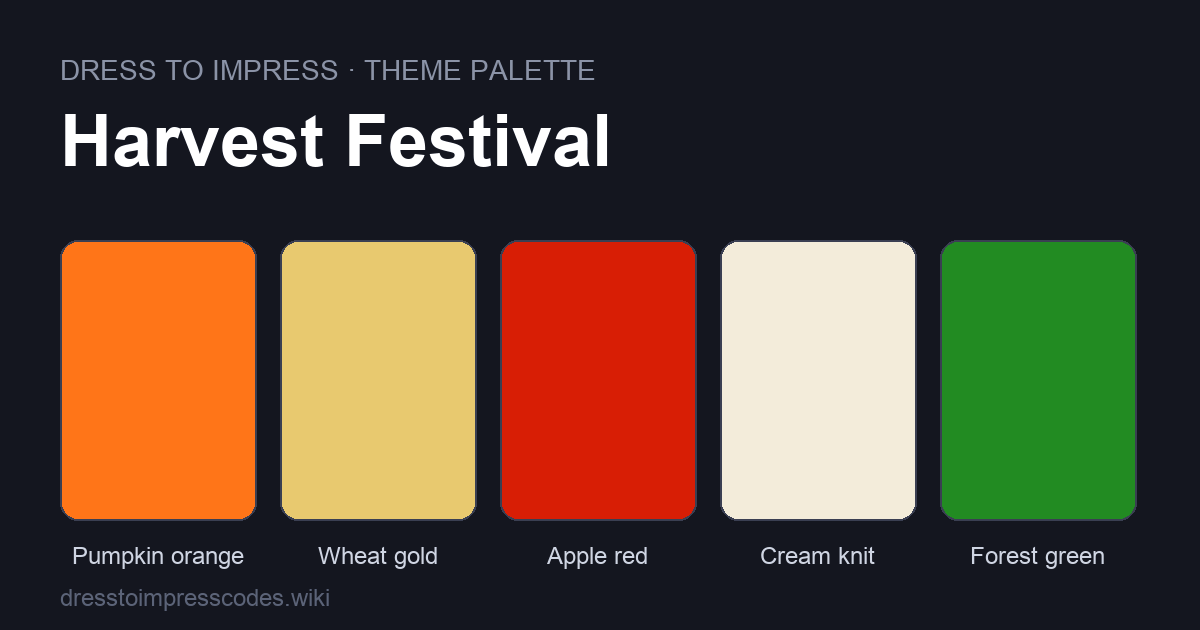 Harvest Festival DTI theme colour palette — outfit colours: Pumpkin orange, Wheat gold, Apple red, Cream knit, Forest green