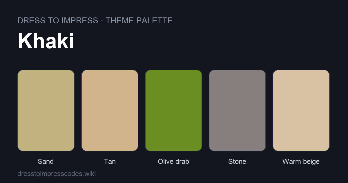 Khaki DTI theme colour palette — outfit colours: Sand, Tan, Olive drab, Stone, Warm beige