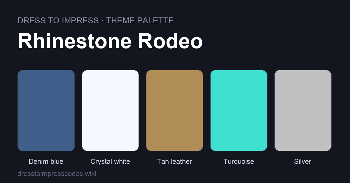 Rhinestone Rodeo DTI theme colour palette — outfit colours: Denim blue, Crystal white, Tan leather, Turquoise, Silver
