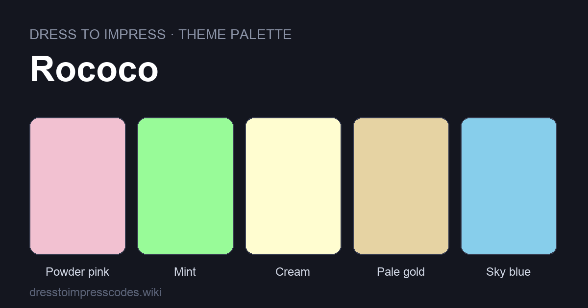 Rococo DTI theme colour palette — outfit colours: Powder pink, Mint, Cream, Pale gold, Sky blue