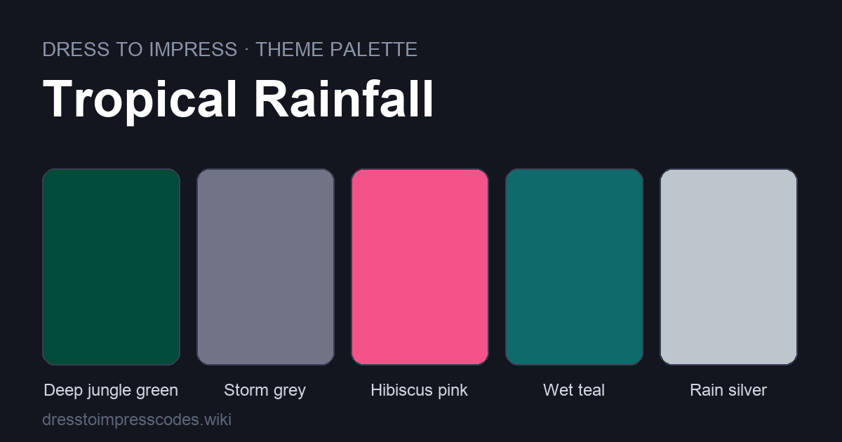 Tropical Rainfall DTI theme colour palette — outfit colours: Deep jungle green, Storm grey, Hibiscus pink, Wet teal, Rain silver