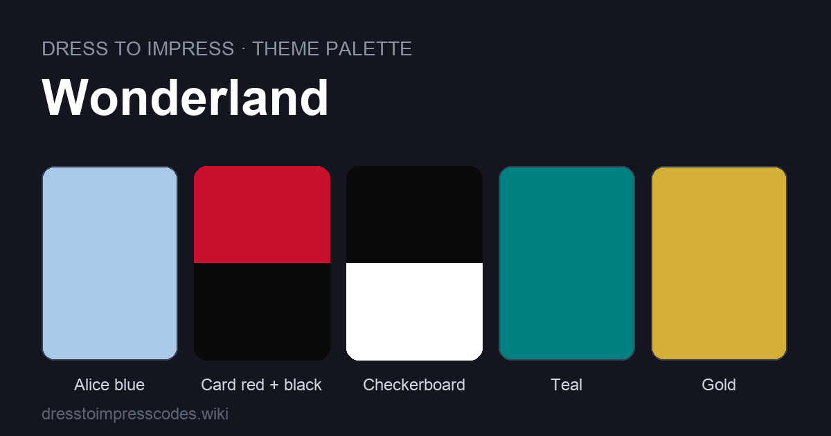 Wonderland DTI theme colour palette — outfit colours: Alice blue, Card red + black, Checkerboard, Teal, Gold