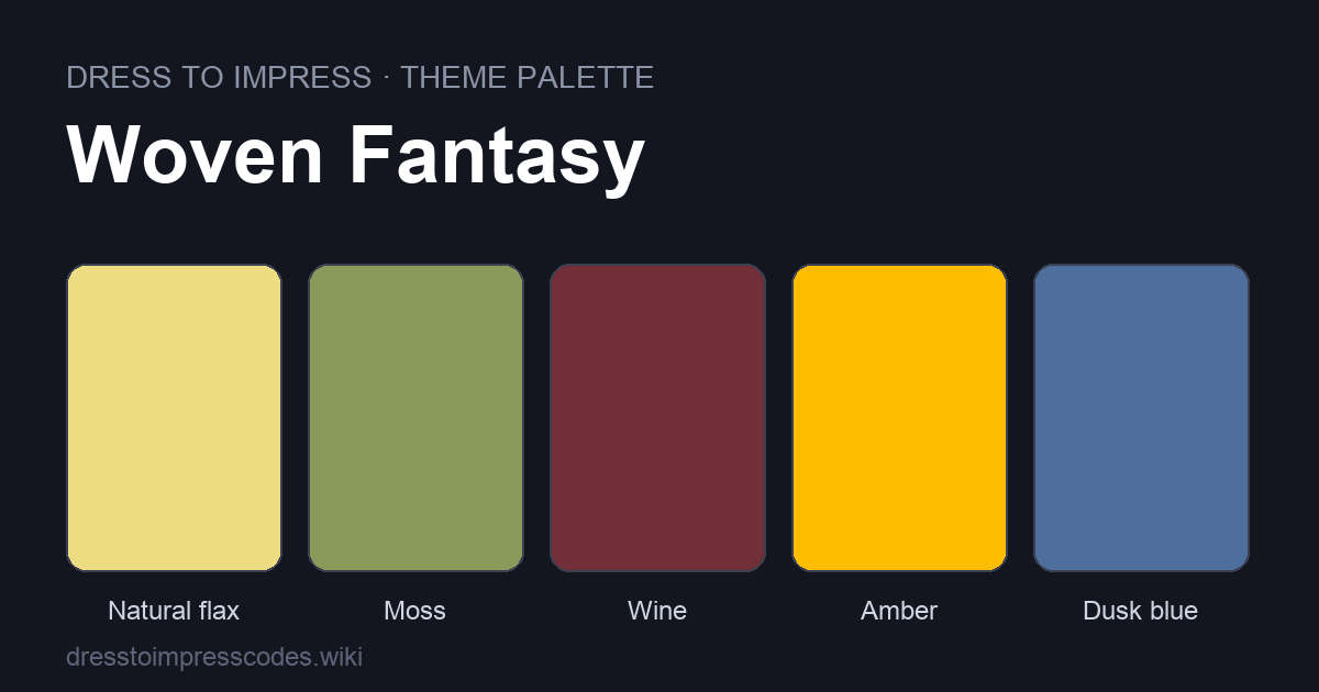 Woven Fantasy DTI theme colour palette — outfit colours: Natural flax, Moss, Wine, Amber, Dusk blue